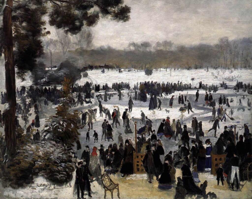 Impressionist winter landscapes: Pierre-Auguste Renoir, Skaters in the Bois de Boulogne, 1868, private collection.
