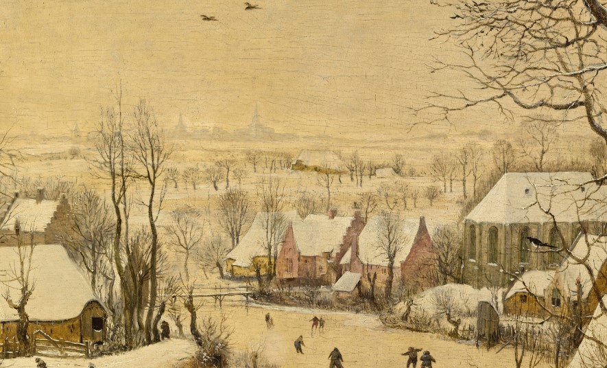 Pieter Bruegel winter: Pieter Bruegel the Elder, Winter Landscape with a Bird Trap, 1565, Royal Museums of Fine Arts of Belgium, Brussels, Belgium. Detail.
