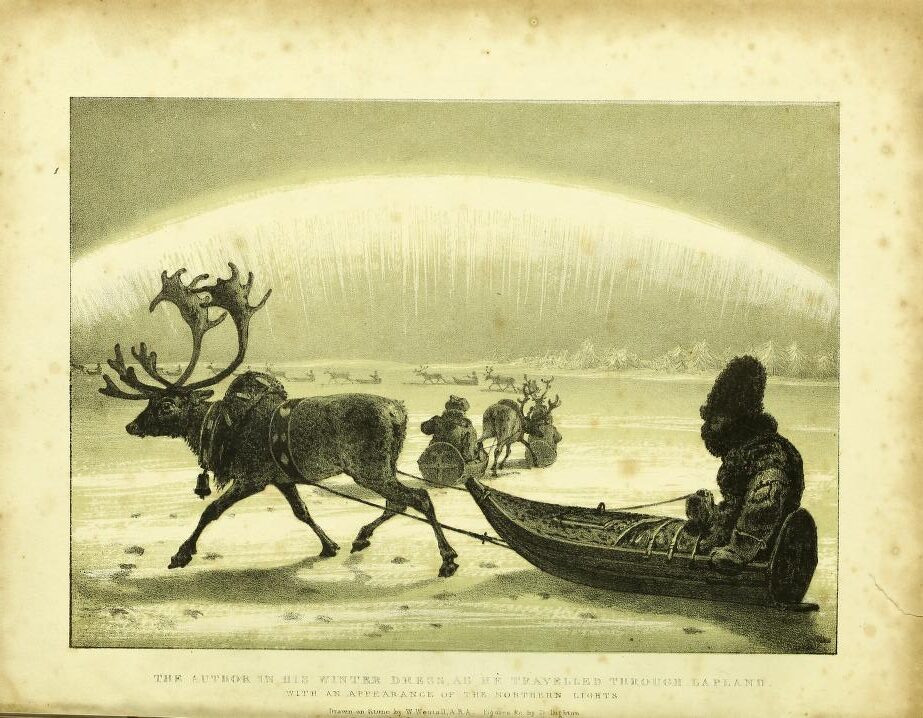 northern lights art: Arthur de Capell Brooke, Author in His Winter Dress as He Travelled Through Lapland (With the Appearance of the Northern Lights) from: Arthur de Capell Brooke, A Winter in Lapland and Sweden, 1827, Wellcome Library, London, UK.
