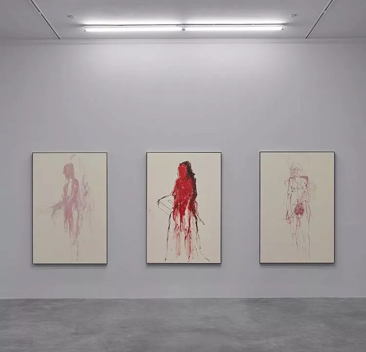 Tracey Emin: From left to right: Tracey Emin, I Watched You Disappear. Pink Ghost, 2017–2018; I Was too Young to Be Carrying Your Ashes, 2017–2018; You Were Still There, 2017–2018. White Cube.
