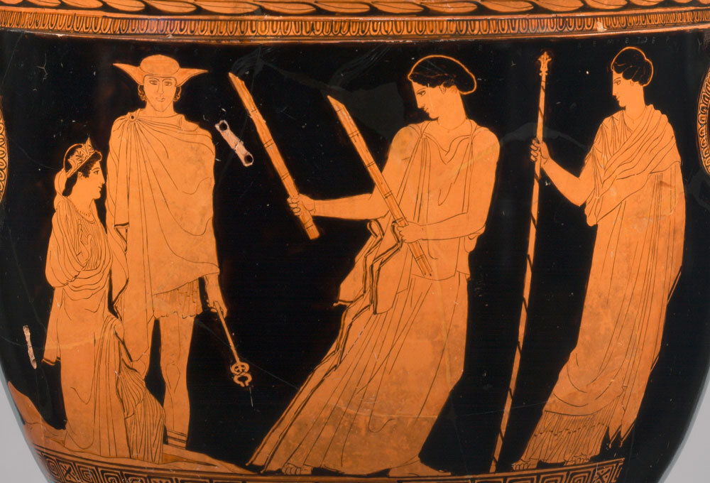 Hecate art: Scene of the return of Persephone from the underworld with Hecate, c. 4th century BCE, Metropolitan Museum of Art, New York City, NY, USA.
