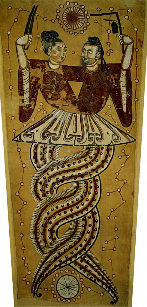 Snake art: Nüwa and Fuxi, Tang Dynasty, mid-8th century, Xinjiang Museum, China.
