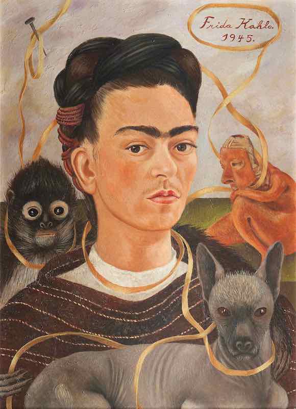 Artists dogs: Artists and Their Dogs: Frida Kahlo, Self-Portrait with Small Monkey, 1945, Museo Dolores Olmedo, Mexico City, Mexico. Casa de México en España Foundation.
