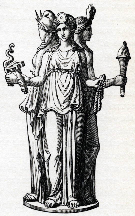 Hecate art: Stephane Mallarmé, Hecate, Greek Goddess of the Crossroads from Les Dieux Antiques: Nouvelle Mythologie Illustrée, 1880. Wikimedia Commons (public domain).
