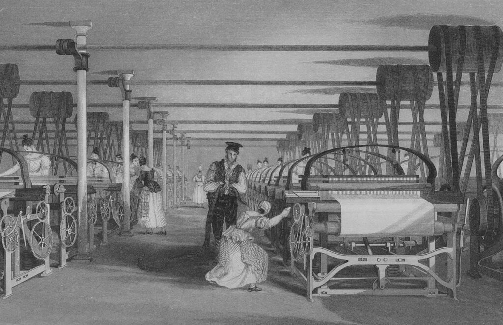 Courtauld Gallery: Illustration of power loom weaving from: Edward Baines, History of the cotton manufacture in Great Britain, 1835.
