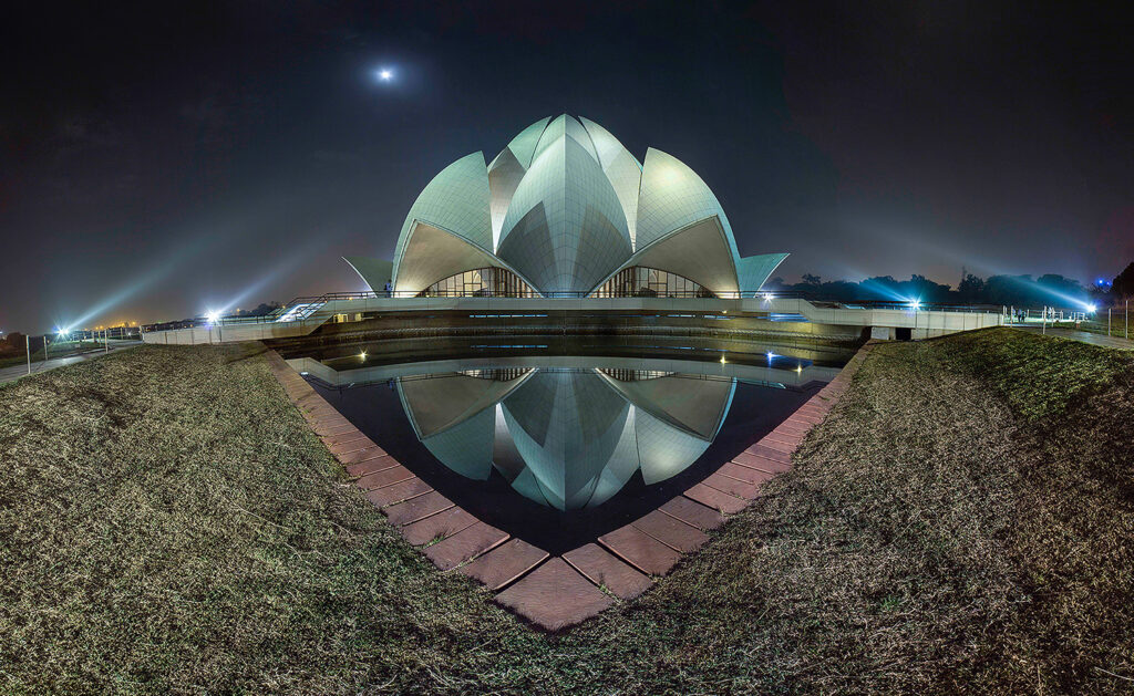 Lotus Temple: The Lotus Temple at night, 1976–1986, New Delhi, India. Photograph courtesy of Virendra Singh/Instagram.
