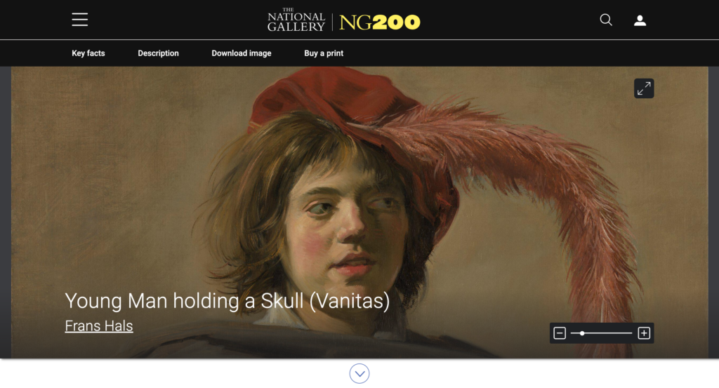 national gallery london: View of the National Gallery website dedicated to Frans Hals, Young Man Holding a Skull, 1626–1628. Accessed: Jan. 24, 2025.
