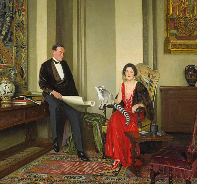 Courtauld Gallery: Stephen and Virginia Courtauld with their pet ring-tailed lemur Mah-Jongg depicted in: Leonard Campbell Taylor, At Forty-Seven Grosvenor Square, 1934. English Heritage. Detail.
