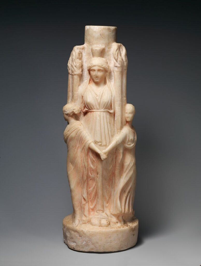 Hecate art: Marble statuette of triple-bodied Hekate and the three Graces, 1st–2nd century CE, Metropolitan Museum of Art, New York City, NY, USA.
