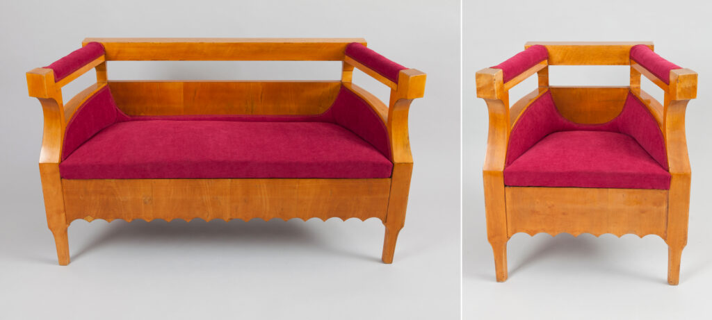 National museum in kraków: Stanisław Wyspianski (project), Andrzej Sydor (realization), Couch and armchair from a set of furniture for the Żeleński salon, 1905, pine wood, double-sided sycamore veneer, polish, fabric (new), Gift of the Dr. Tytus Chałubiński State Sanatorium Against Tuberculosis (formerly Dr. Chramec Sanatorium), National Museum in Kraków, Kraków, Poland.
