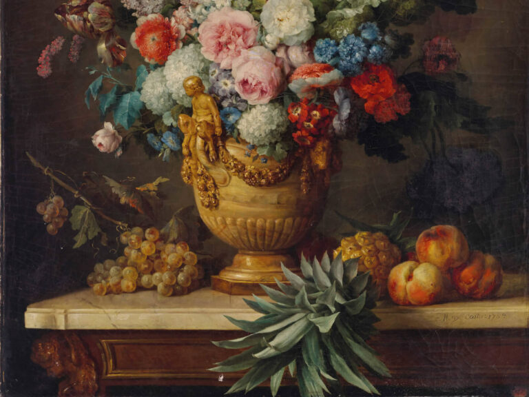 Anne Vallayer-Coster Still Life with Flowers: Anne Vallayer-Coster, Still Life with Flowers in an Alabaster Vase and Fruit, 1783, National Gallery of Art, Washington, DC, USA. Detail.
