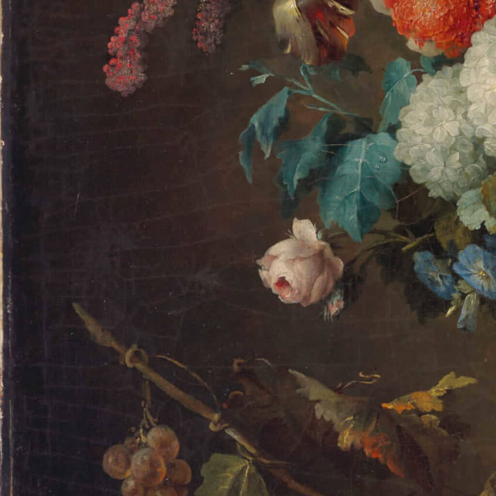 Anne Vallayer-Coster Still Life with Flowers: Anne Vallayer-Coster, Still Life with Flowers in an Alabaster Vase and Fruit, 1783, National Gallery of Art, Washington, DC, USA. Detail.
