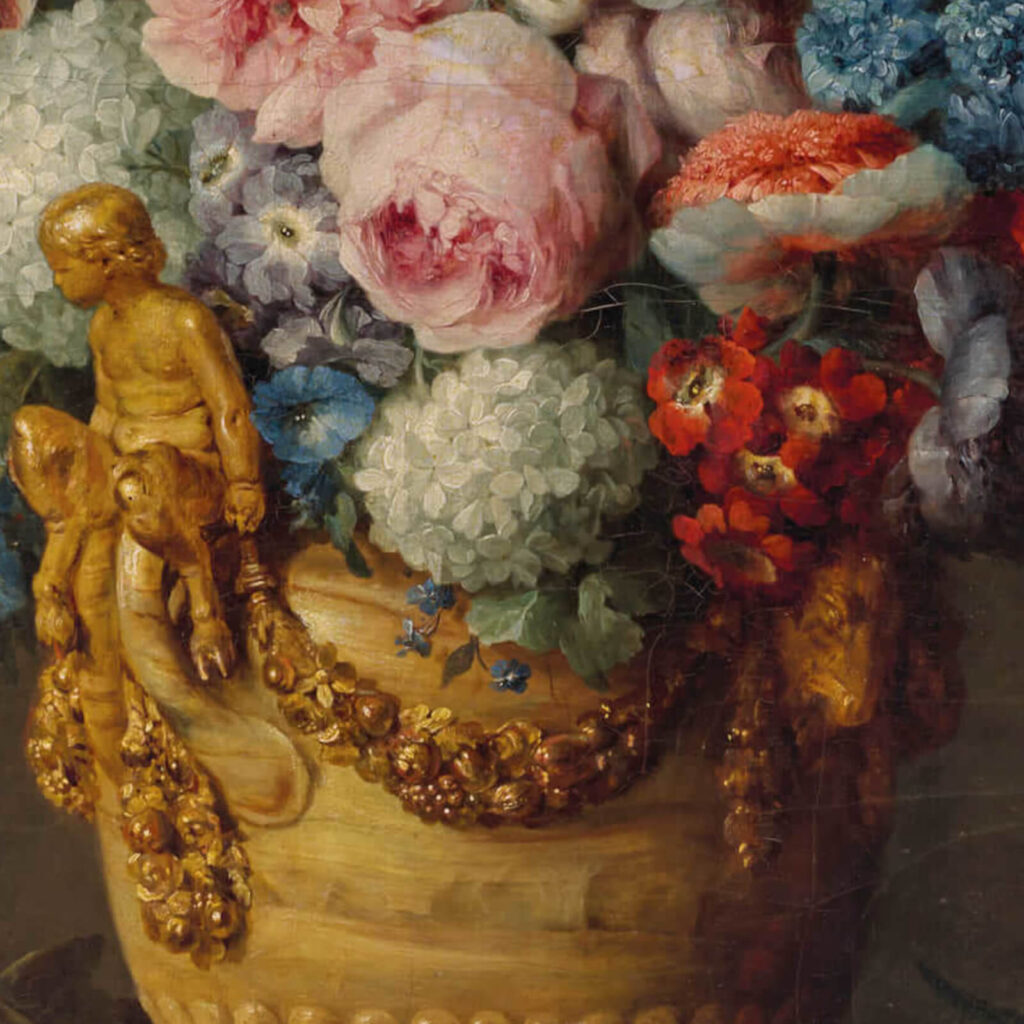 Anne Vallayer-Coster Still Life with Flowers: Anne Vallayer-Coster, Still Life with Flowers in an Alabaster Vase and Fruit, 1783, National Gallery of Art, Washington, DC, USA. Detail.
