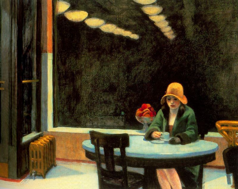 coffee painting: Edward Hopper, Automat, 1927, Des Moines Art Center, Des Moines, IA, USA. Wikimedia Commons (public domain). 
