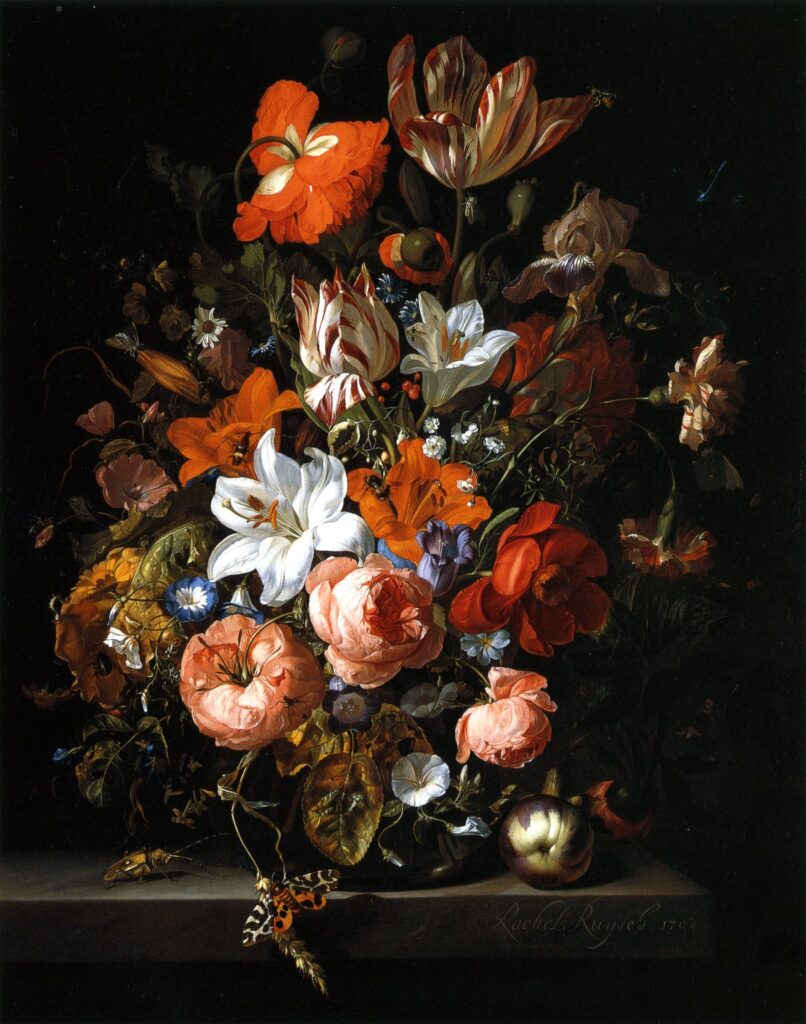 exhibitions spring US: Rachel Ruysch, Flowers in a Glass Vase, 1704, Detroit Institute of Art, Detroit, MI, USA.
