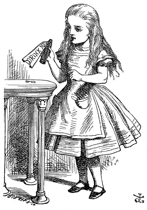 fairytales in art: John Tenniel, Alice Discovers the Drink Me Potion, 1865. Medium.
