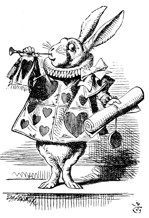 fairytales in art: John Tenniel, The White Rabbit Blowing a Trumpet, 1865. Medium.
