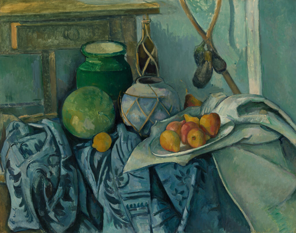 paul cézanne paintings: Paul Cézanne, Still Life with a Ginger Jar and Eggplants, 1893–1894, Metropolitan Museum of Art, New York City, NY, USA.
