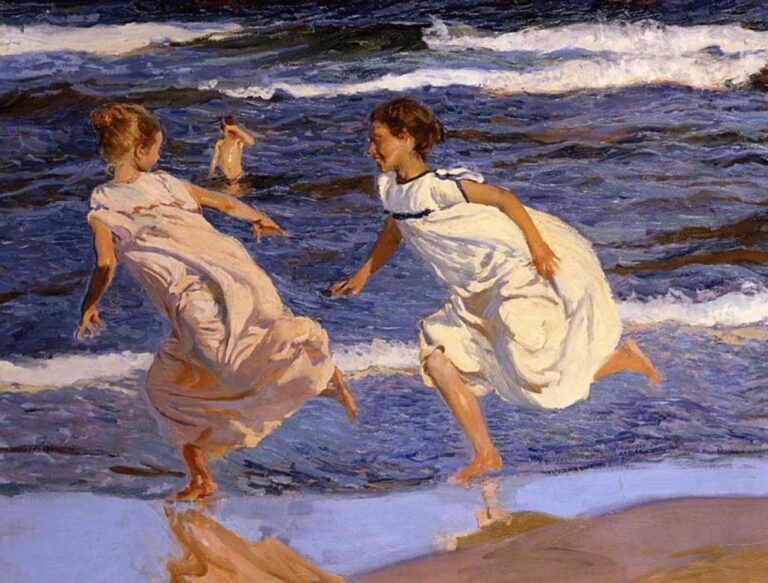 Joaquin Sorolla Paintings: Joaquín Sorolla, Running Along the Beach, Valencia, 1908, Museo de Bellas Artes de Asturias, Oviedo, Spain, National Gallery. Detail.
