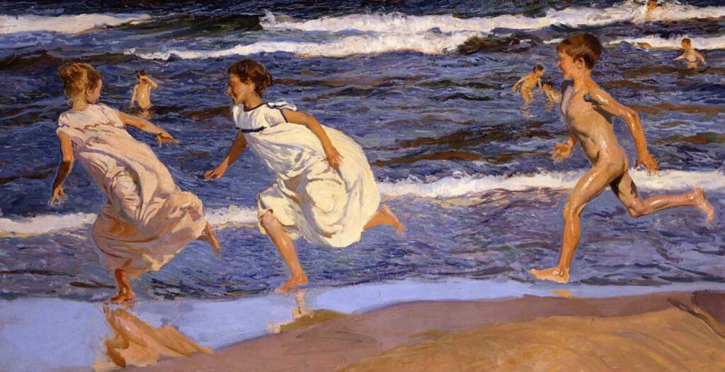 Joaquin Sorolla Paintings: Joaquín Sorolla, Running Along the Beach, Valencia, 1908, Museo de Bellas Artes de Asturias, Oviedo, Spain.
