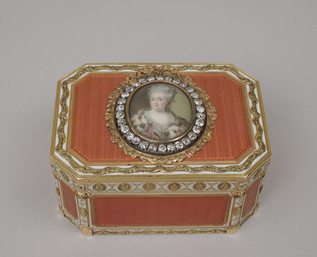 Snuffboxes: Joseph Etienne Blerzy (design), Nicolas Soret (miniature), Snuffbox with a portrait of Catherine II, ca. 1774–1775 & 1786 (miniature), Metropolitan Museum of Art, New York City, NY, USA.
