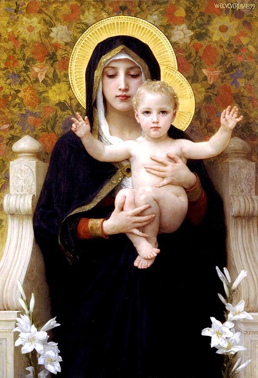 Virgin Mary paintings: William Adolphe Bouguereau, The Virgin of the Lilies, 1899, private collection.
