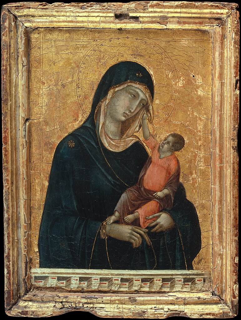 Virgin Mary paintings: Duccio di Buoninsegna, Madonna and Child, c. 1290–1300, Metropolitan Museum of Art, New York City, NY, USA.
