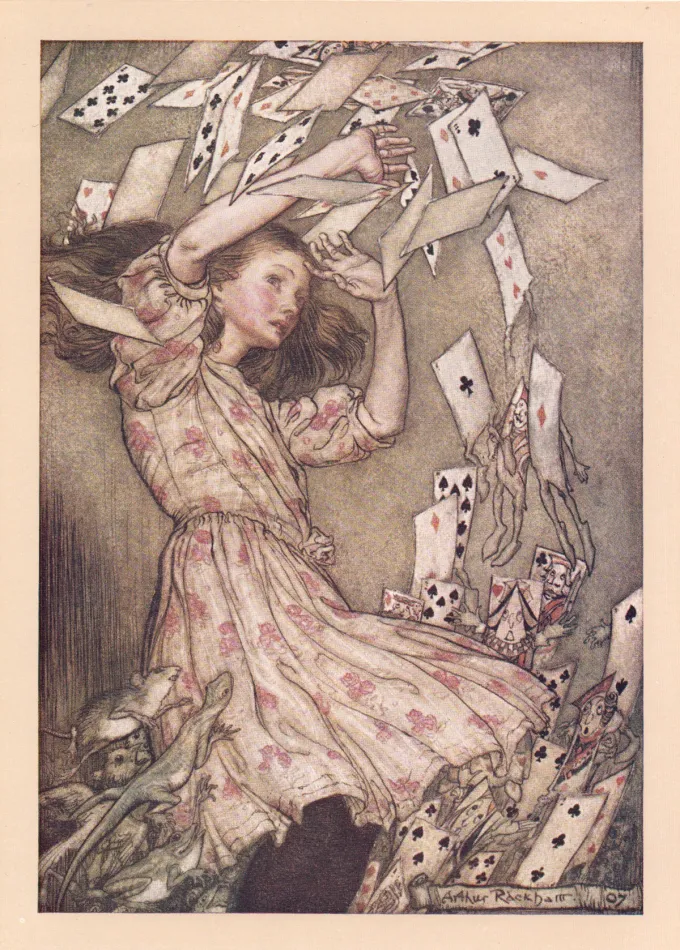 fairytales in art: Arthur Rackham, The Pack Attacks Alice, 1907. The Marginalian.
